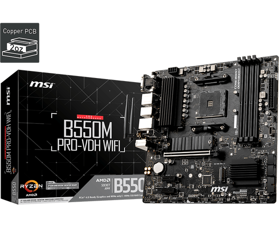  MB sAM4 MSI B550M PRO-VDH WIFI, AMD B550, 4xDDR4-3200, 1xPCI-Ex16x, 2xPCI-Ex1x, D-SUB+HDMI+DP, 4xSATA3(RAID 0/1/10), 2xM.2, 8 Ch Audio, GLan, WiFi 