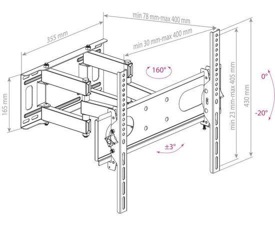  Кронштейн для телевизора Arm Media PT-16 черный 22"-65" до40кг поворотно-выдвижной и наклонный 