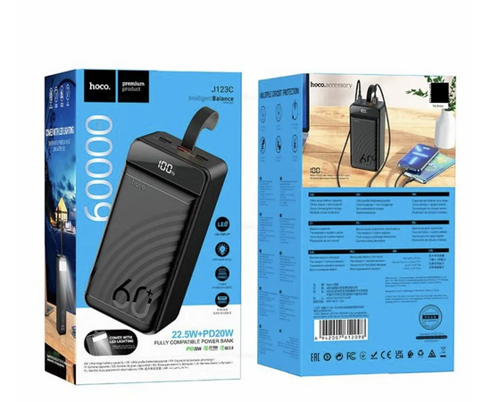  Аккумулятор внешний HOCO J123C , пластик, дисплей, 60000mAh, PD3.0, 3,0А, цвет: чёрный (1/9) 