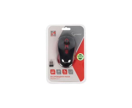  Мышь Gembird MUSW-221-R Black/Red, Wireless, USB, 5кн.+колесо-кнопка, 2.4ГГц, 1600 dpi 