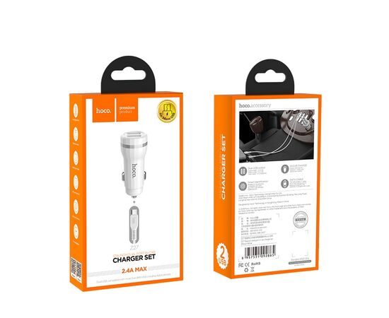  Блок питания автомобильный 2 USB HOCO, Z27 Staunch, 2400mA, кабель Micro-USB 1м, пластик, белый(1/10/100) 