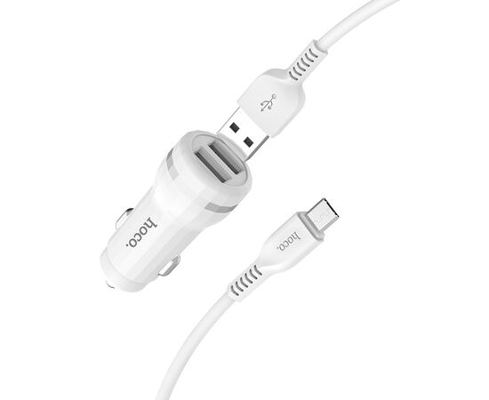  Блок питания автомобильный 2 USB HOCO, Z27 Staunch, 2400mA, кабель Micro-USB 1м, пластик, белый(1/10/100) 