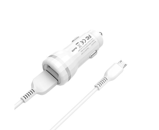  Блок питания автомобильный 2 USB HOCO, Z27 Staunch, 2400mA, кабель Micro-USB 1м, пластик, белый(1/10/100) 