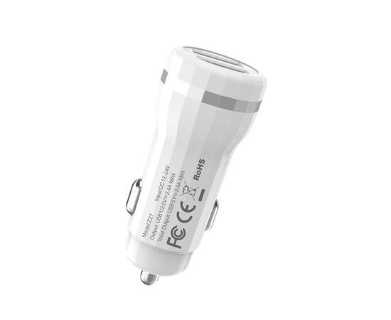  Блок питания автомобильный 2 USB HOCO, Z27 Staunch, 2400mA, кабель Micro-USB 1м, пластик, белый(1/10/100) 