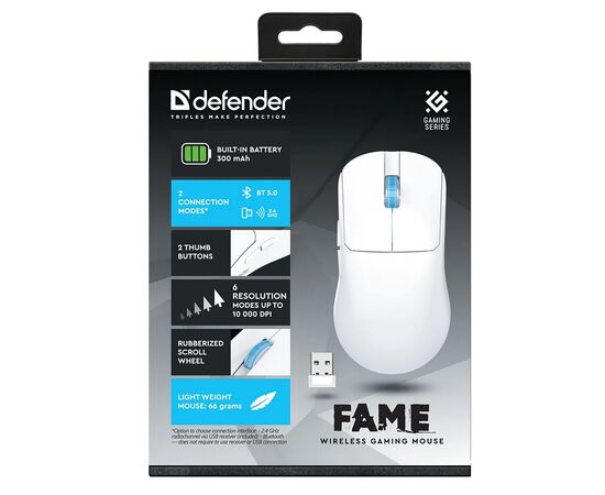  Мышь оптическая беспроводная Defender Fame GM-516 10000dpi, игровая (white) (237337) 