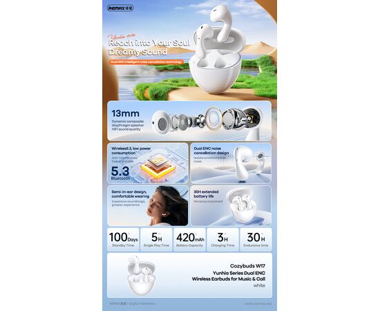  Наушники bluetooth REMAX Yunhia Series Dual ENC Wireless Earbuds for Music & Call CozyBuds W17 (белый) 