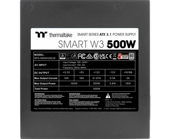  Блок питания Thermaltake Smart W3 500 (PS-SPW-0500NNFAWE-1) /Non Modular/Non Light/Full Range/Analog/80 Plus/EU/Non JP CAP 
