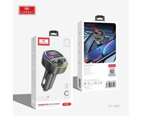  ФМ модулятор (2USB выхода, Bluetooth) Earldom ET-M97, 66W, с подсветкой 