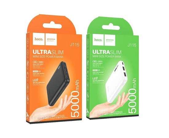  Аккумулятор внешний HOCO J115 Journey, 5000mAh, пластик, алюминий, 2 USB выхода, 2.0А, цвет: белый (1/94) 