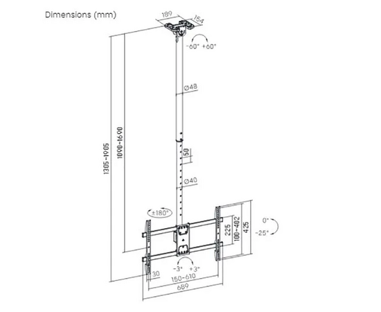  Кронштейн Ultramounts UM961 черный 43"-86" макс.60кг потолочный поворот и наклон 