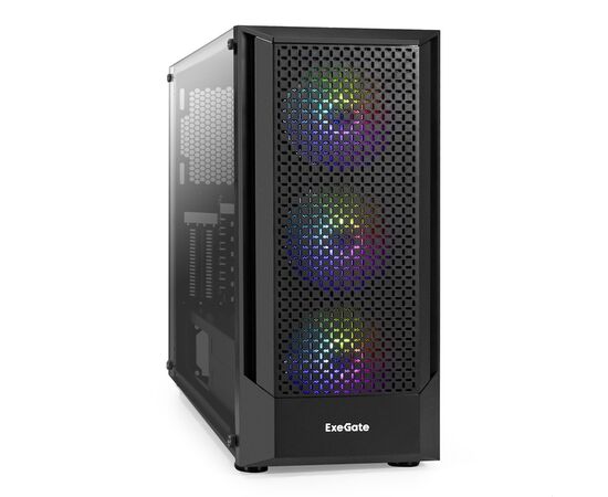  Корпус ExeGate EVO-8227 EX295765RUS Miditower (ATX, без БП, 2*USB+1*USB3.0+HD Audio, черный, 3 вент. с RGB подсветкой, бок. панель - зак. стекло) 